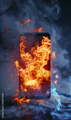 mobile phone battery burning accident, smartphone in flame, device in fire and overheating concept