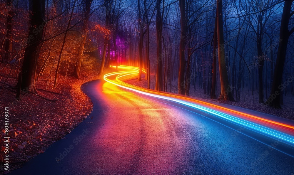 A long exposure photo of a winding road through a forest at night with the headlights of a car making streaks of light
