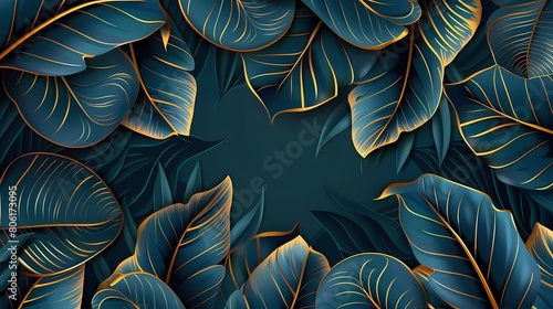 Abstract luxury art background with exotic tropical leaves in blue and gold in line style 