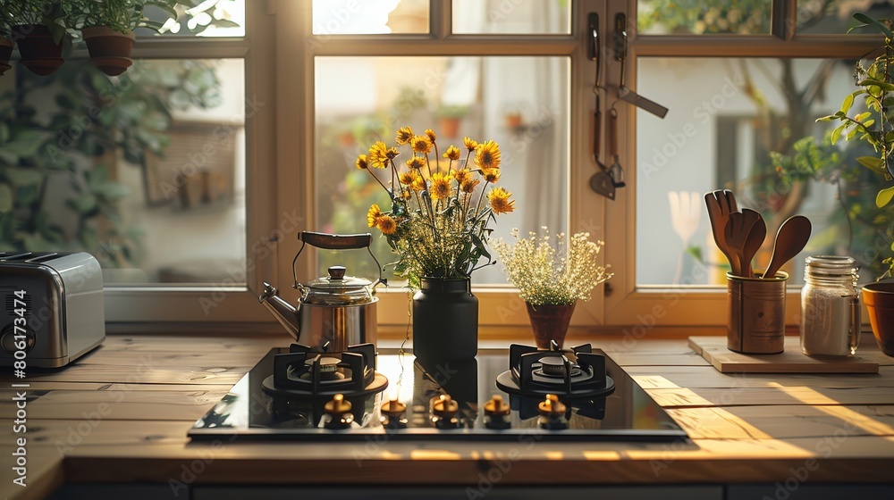 A kitchen decoration, simple design, a boiler on a double-head induction cooker on the middle island. Generative AI. A kitchen decoration, simple design, a boiler on a double-head induction cooker on the middle island. Generative AI.