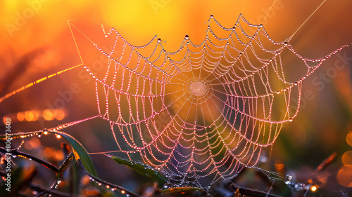 Raindrops bead on a spider's web, refracting the soft glow of morning light