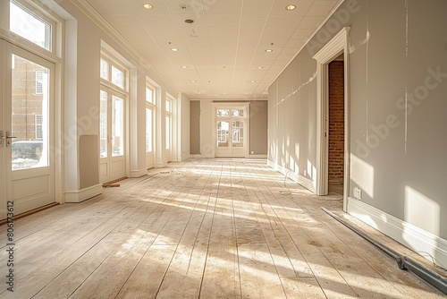 Bright and sunny empty room with wooden floors