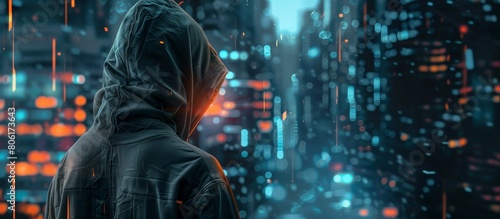 anonymous hacker in hood and with dark face, privacy and internet security, darknet and cyber crimes concept photo