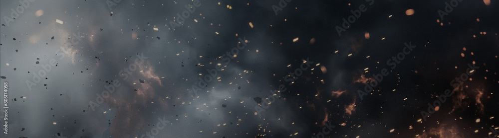 A realistic illustration depicting an explosion, ash, smoke, fragments, Sparks of fire. Realistic military-themed background.  banner with space for text.