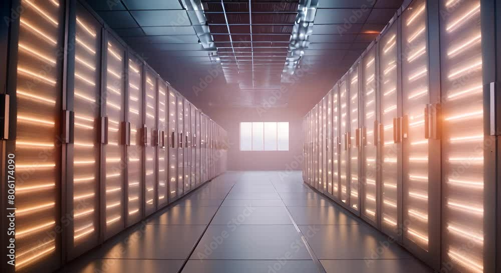 A computer server room with a large cloud in the middle The room is filled with rows of servers and the cloud is glowing Scene is futuristic and technological A computer server room with a large cloud in the middle The room is filled with rows of servers and the cloud is glowing Scene is futuristic and technological