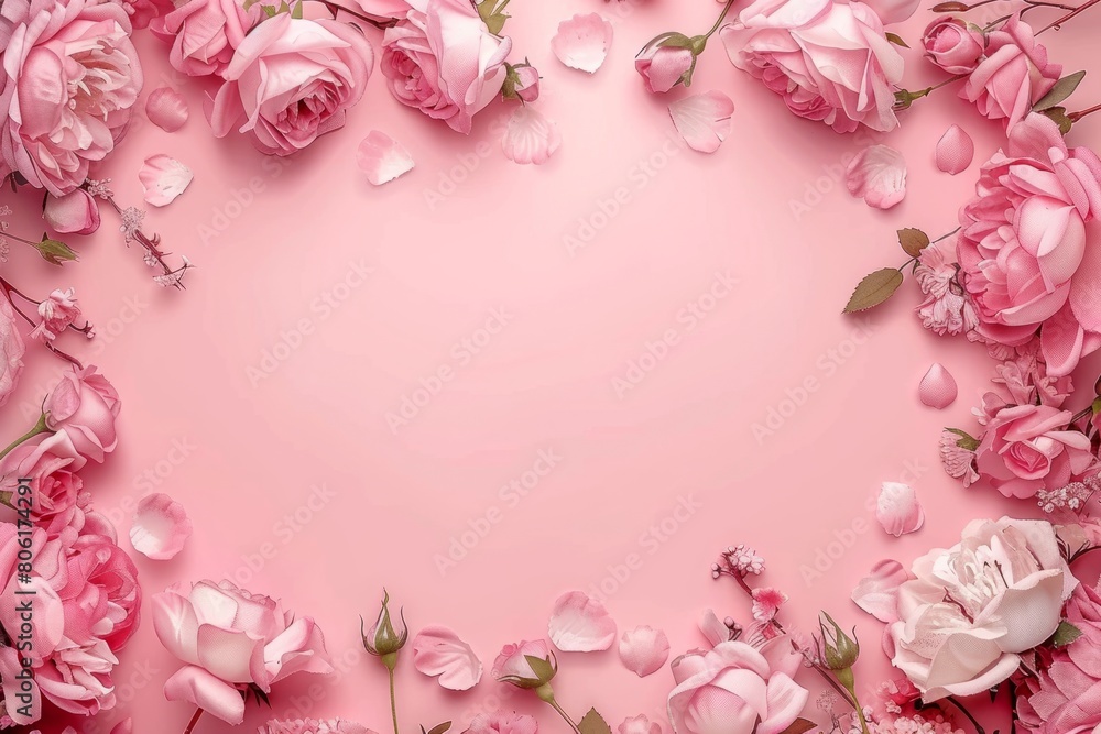 Spring tulip flowers on pink background top view in flat lay style. Greeting for Womens or Mother's Day or Spring Sale Banner.