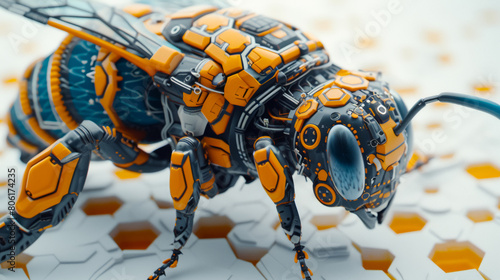 A robot bee with a blue head and orange body
