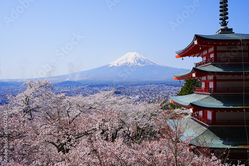 Mt. Fuji with Cherry Blossom and or Pink Sakura Flower and Five-story Pagoda over Blue Sky in Yamanashi, Japan - 日本 山梨県 新倉山浅間公園 春の桜 富士山 五重塔