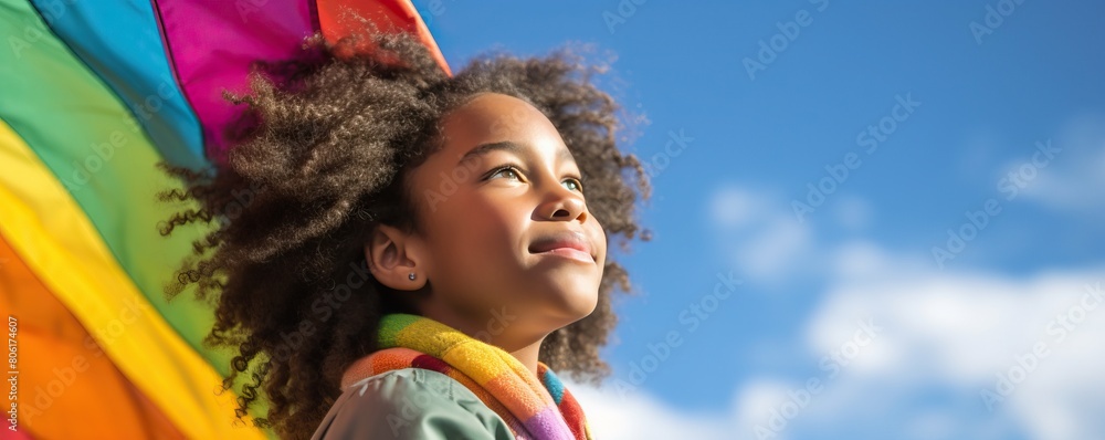 Fototapeta premium Little girl holding a rainbow flag