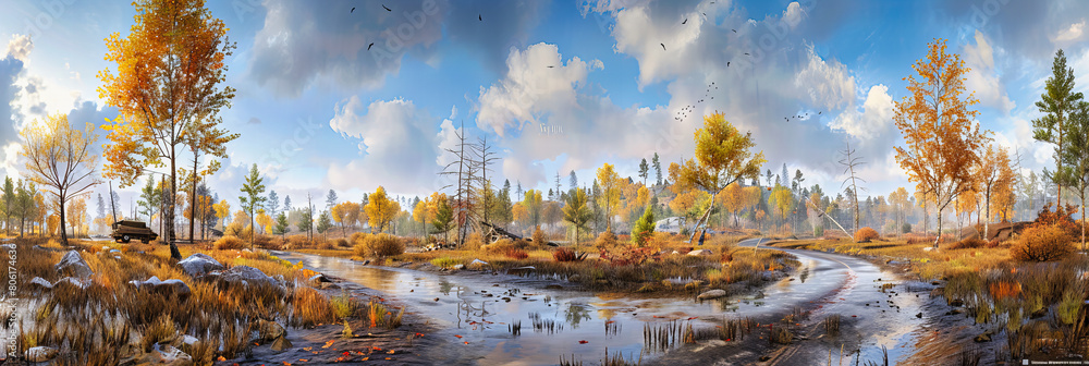 Fototapeta premium Swamp in Autumn with Trees Reflecting in Calm Waters, Vibrant Fall Colors Painting a Peaceful Scene