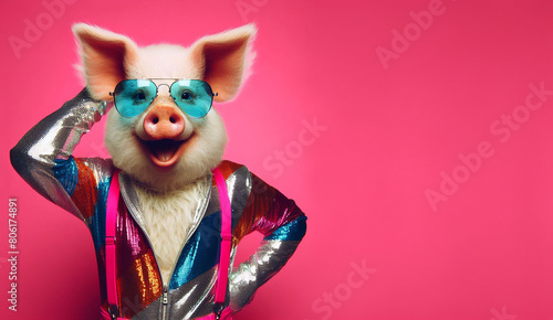 Portrait of anthropomorphic smiling pig with disco outfit and suspenders standing isolated on pink background, copy space for text