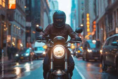 Fototapeta Naklejka Na Ścianę i Meble -  Motorbike head on view in city twilight