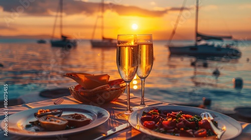 Romantic sunset dinner on beach. Table honeymoon set for two with luxurious food, glasses of champagne drinks in restaurant with sea view and yachts on background. Summer vacation or wedding concept.