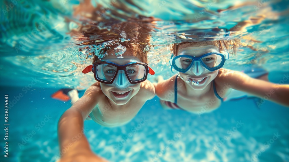 Naklejka premium A wide-angle underwater photograph captures the joy of two children swimming and exploring in a large pool. Equipped with masks
