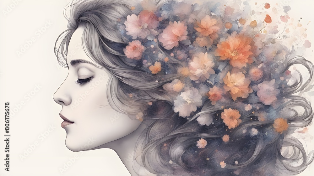 a woman's face seen from profile. She is in love, dreaming, looking into far, her hair dissolves in many blooming flowers
