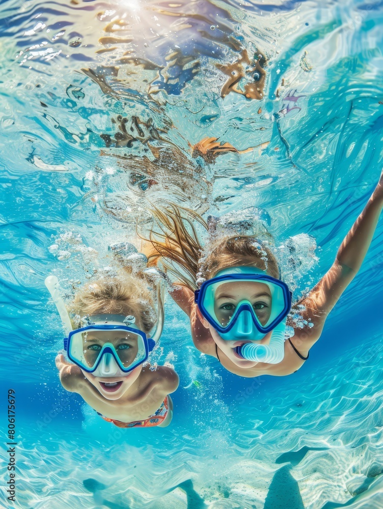 Naklejka premium A wide-angle underwater photograph captures the joy of two children swimming and exploring in a large pool. Equipped with masks 