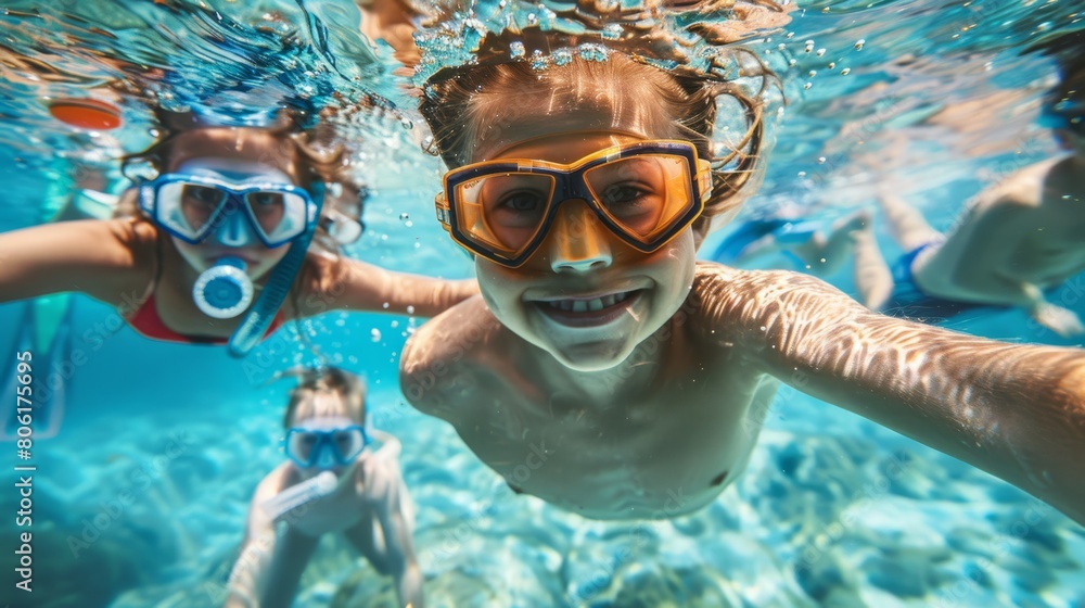 Naklejka premium A wide-angle underwater photograph captures the joy of two children swimming and exploring in a large pool. Equipped with masks