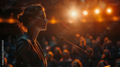 Elegant female orator at podium engaging audience in illuminated hall, Concept of empowerment, public speaking, and leadership photo