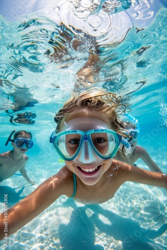 A wide-angle underwater photograph captures the joy of two children swimming and exploring in a large pool. Equipped with masks 