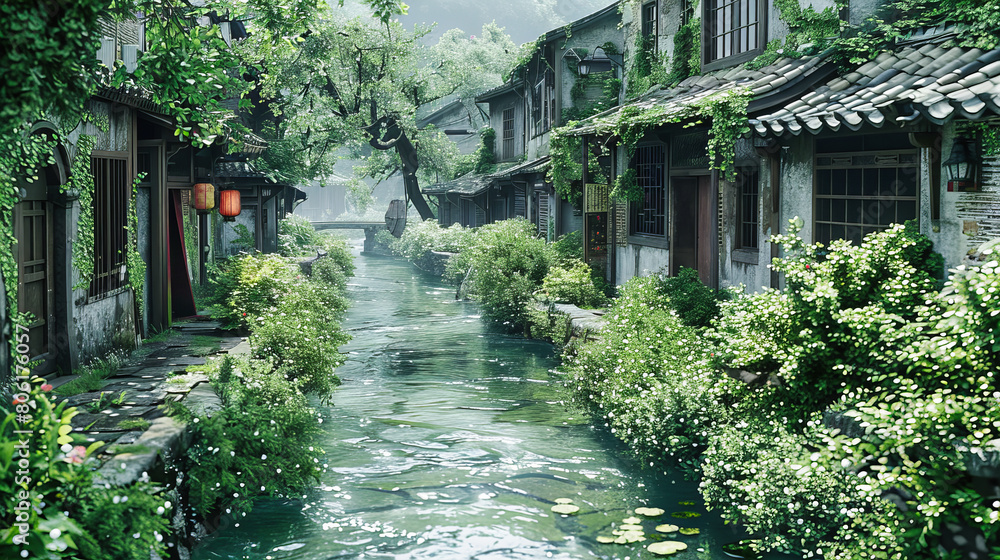 Traditional Chinese Water Town with Ancient Bridges and Historic Architecture, Serene River Reflections