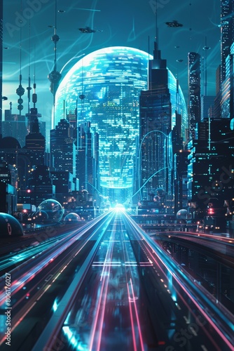 futuristic smart city with digital web network, future in cyberspace, technology sci-fi concept