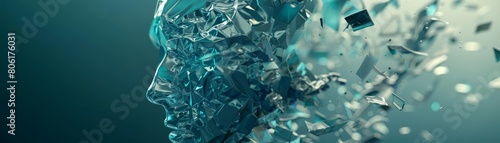Create an abstract shattered glass portrait of a woman. The glass shards should be arranged in a way that suggests movement and emotion. The colors should be cool and muted. photo