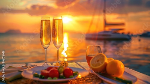 Romantic sunset dinner on beach. Table honeymoon set for two with luxurious food  glasses of champagne drinks in restaurant with sea view and yachts on background. Summer vacation or wedding concept.