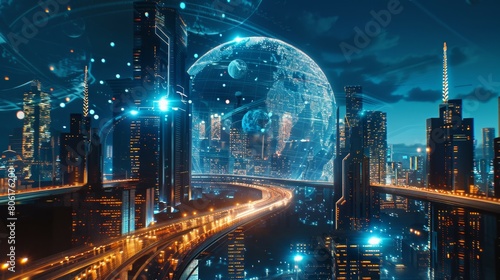 futuristic smart city with digital web network, future in cyberspace, technology sci-fi concept