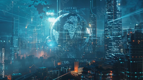 futuristic smart city with digital web network, future in cyberspace, technology sci-fi concept