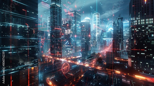 futuristic smart city with digital web network, future in cyberspace, technology sci-fi concept © goami