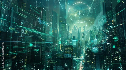 futuristic smart city with digital web network, future in cyberspace, technology sci-fi concept