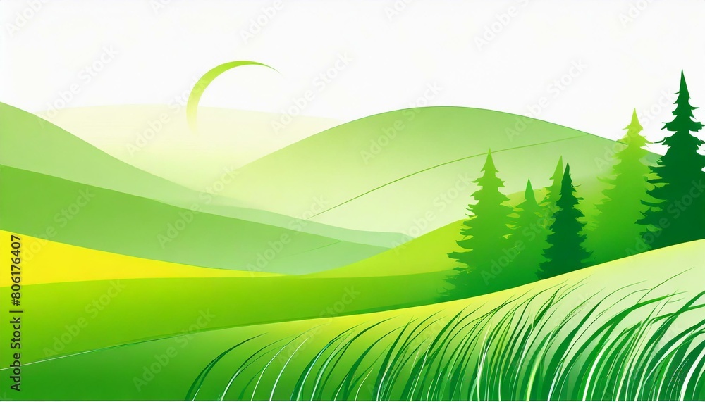 Obraz premium 真夏、草の香り、心地よい暑さ、森林をシンプルなグラデーションで表現する generated by AI