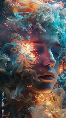 Colorful portrait of a man made of smoke and fire.The face is serene with eyes closed.