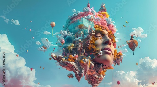 A surreal dreamscape where a woman's face is made of clouds and floating islands