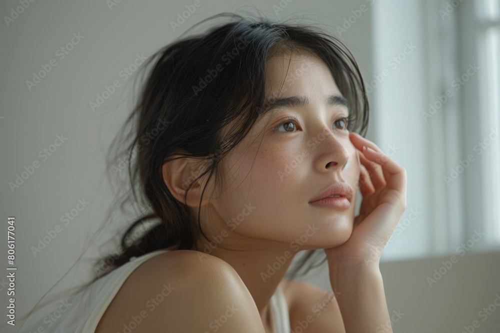 Serene Asian woman looking thoughtfully in a naturally lit room, concept of introspection and tranquil beauty Serene Asian woman looking thoughtfully in a naturally lit room, concept of introspection and tranquil beauty
