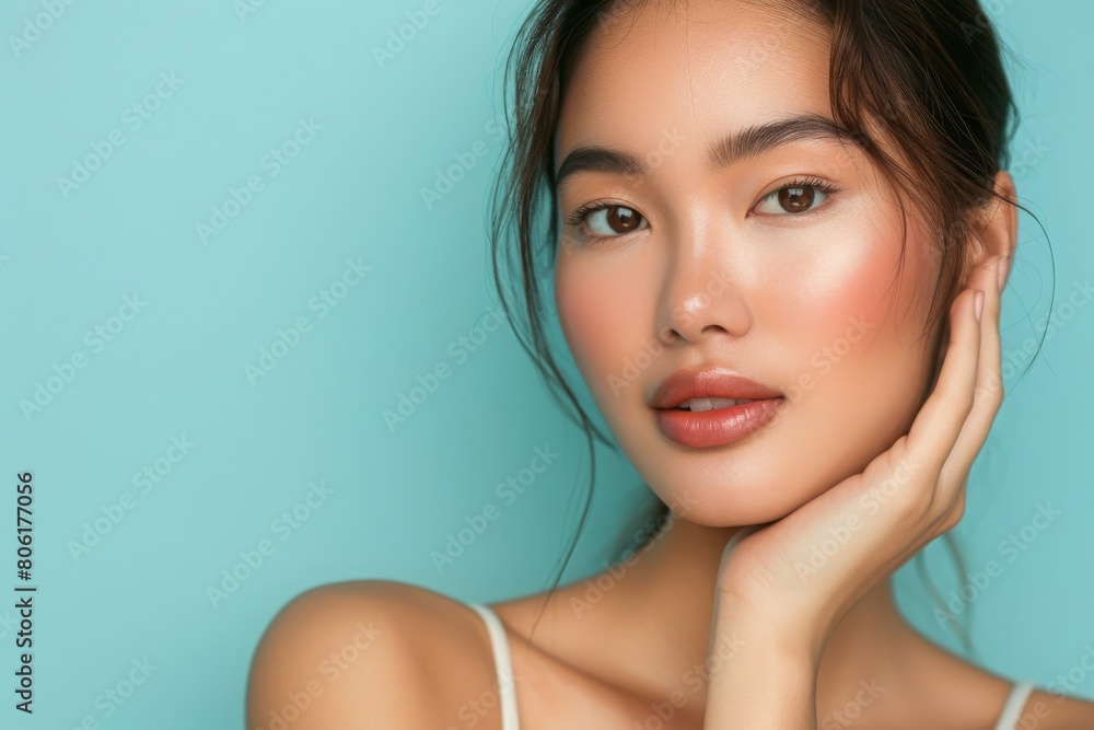 Graceful young Asian woman with a soft expression on a turquoise backdrop, concept of youthful beauty and serene elegance Graceful young Asian woman with a soft expression on a turquoise backdrop, concept of youthful beauty and serene elegance