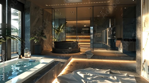 An opulent bathroom with a large round bathtub, marble tiles, and a glass wall looking out to a city skyline.