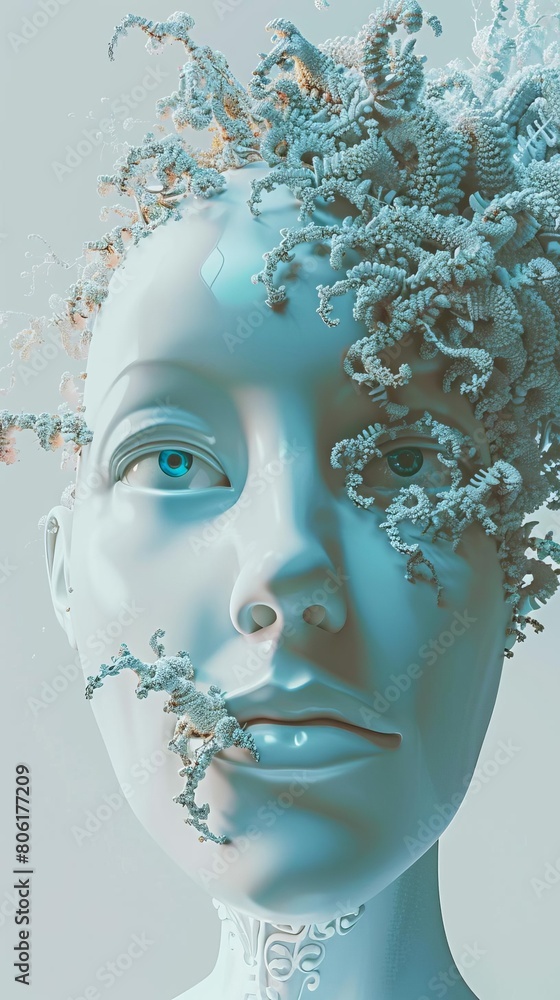 Generate a photorealistic of a highly detailed portrait of an otherworldly woman with light blue eyes and white hair