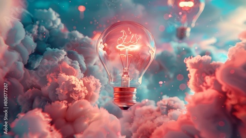 A light bulb floats in a surreal dreamscape