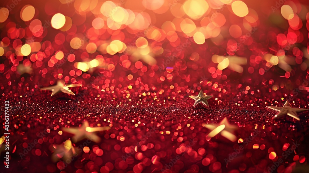 Red background, golden stars, glowing and sparkling, festive atmosphere, with red and gold as the main colors, creating an overall warm tone. 