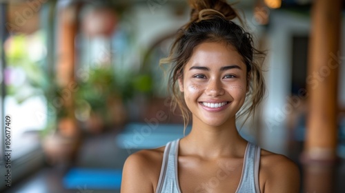 Exuberant young woman with freckles smiling joyfully, embodying carefree youthfulness in a wellness space photo