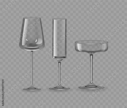 Realistic Set Of Three Variously Shaped Isolated 3d Glasses Including A Wine Glass, Champagne Flute, And A Cocktail