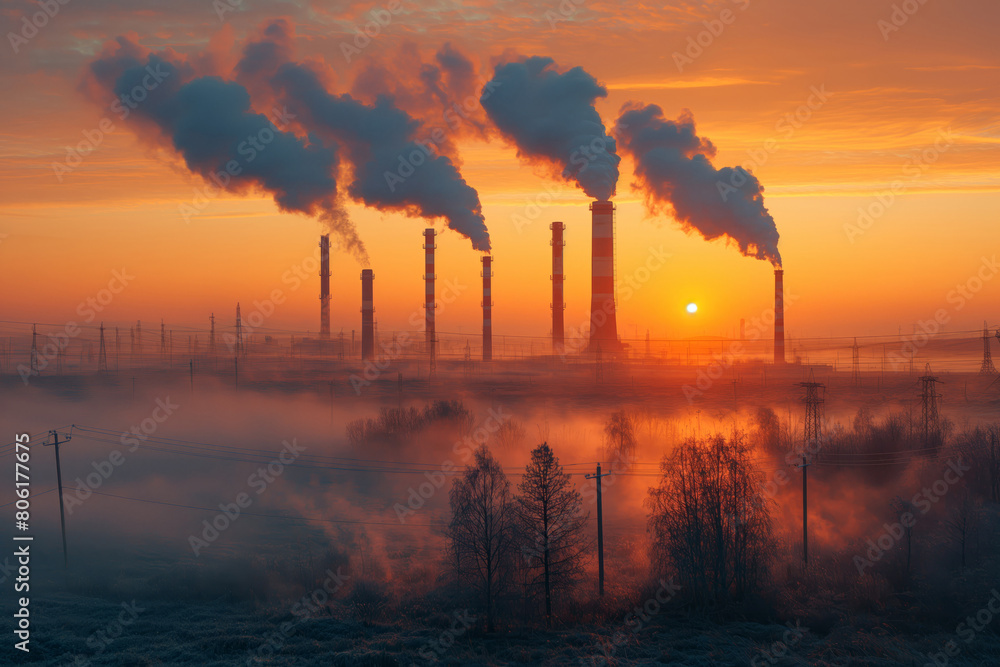 Industrial chimneys emitting smoke at dawn