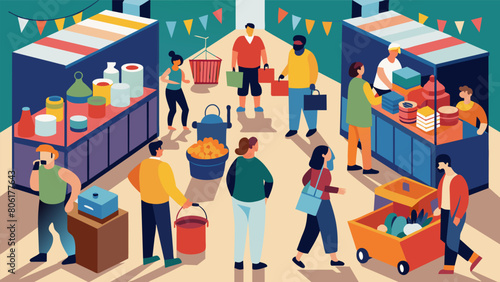 Shoppers browse through rows of upcycled container stalls each one showcasing a different theme from vintage toys and collectibles to ecofriendly. Vector illustration