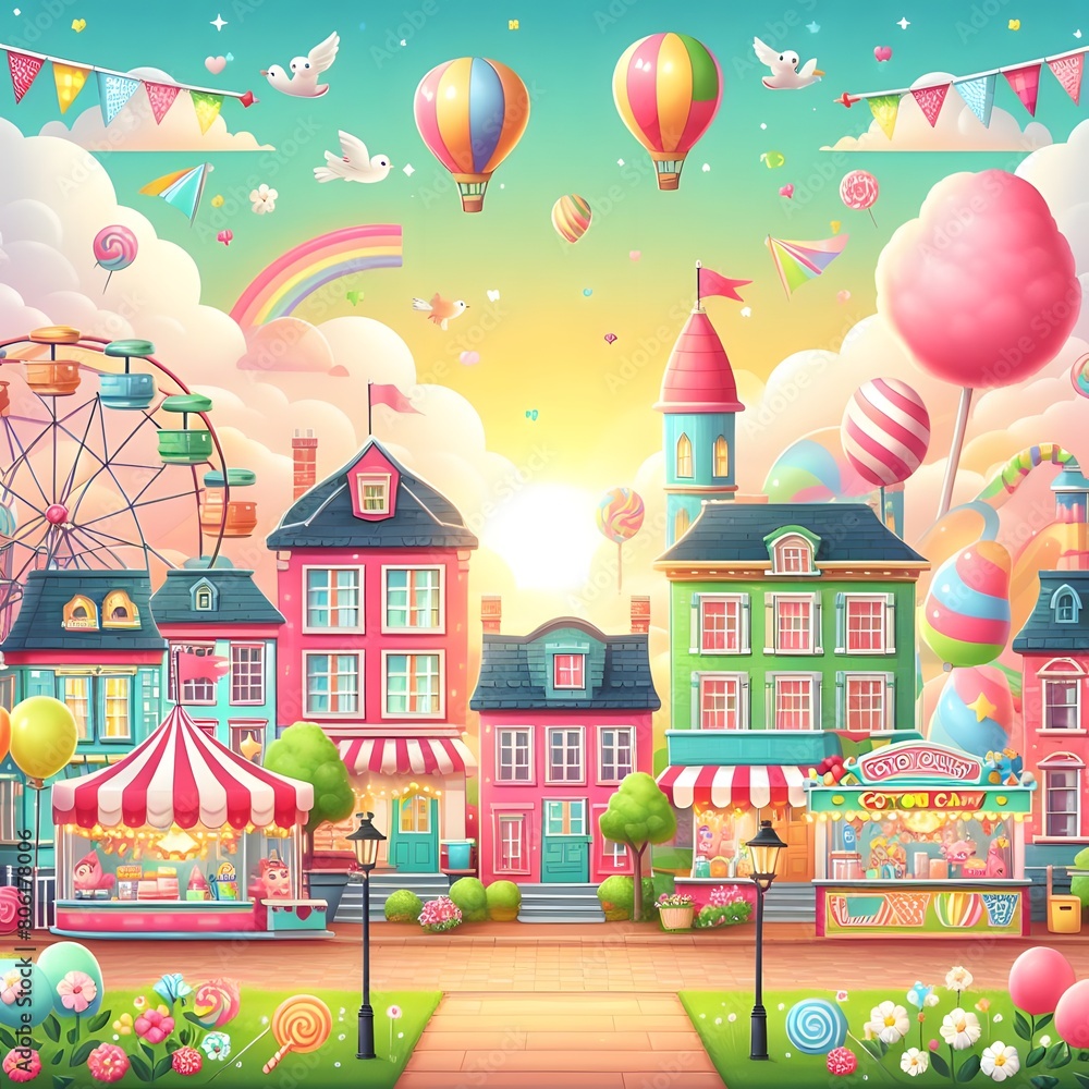 A bright and cheerful spring carnival with rides, games and candy canes stands under a clear sky, with swings and shops.