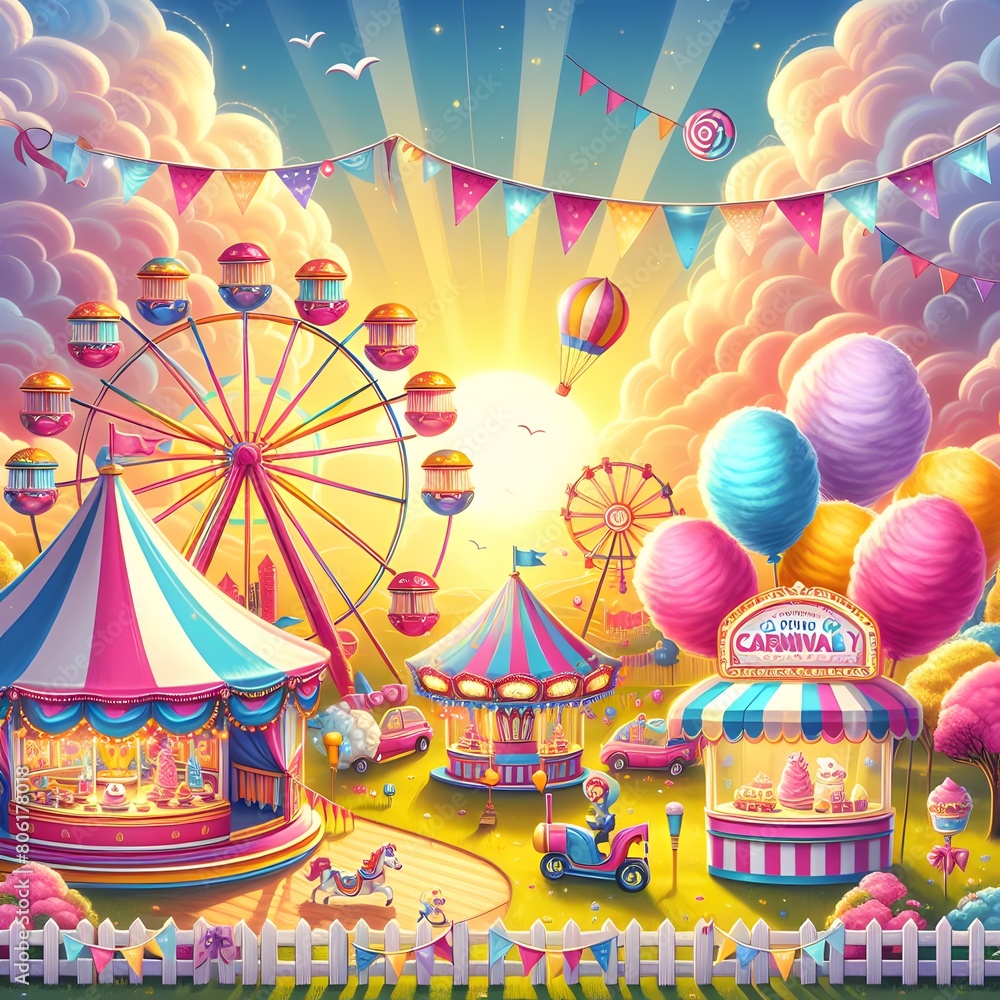 Obraz premium A bright and cheerful spring carnival with rides, games and candy canes stands under a clear sky, with swings and shops.