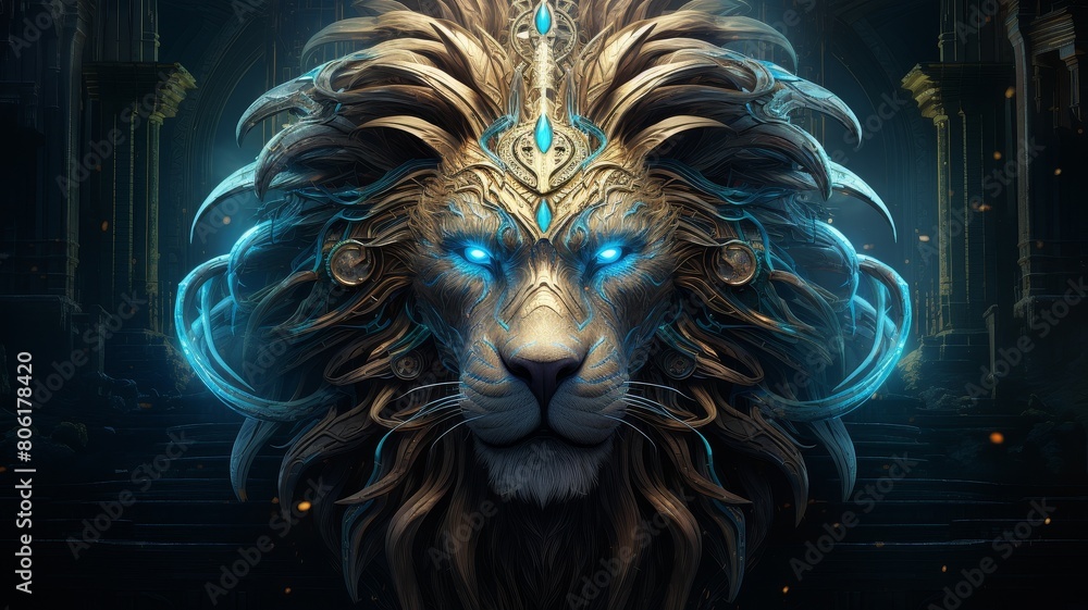 The golden lion with blue eyes and blue glowing mane looks very majestic and powerful.