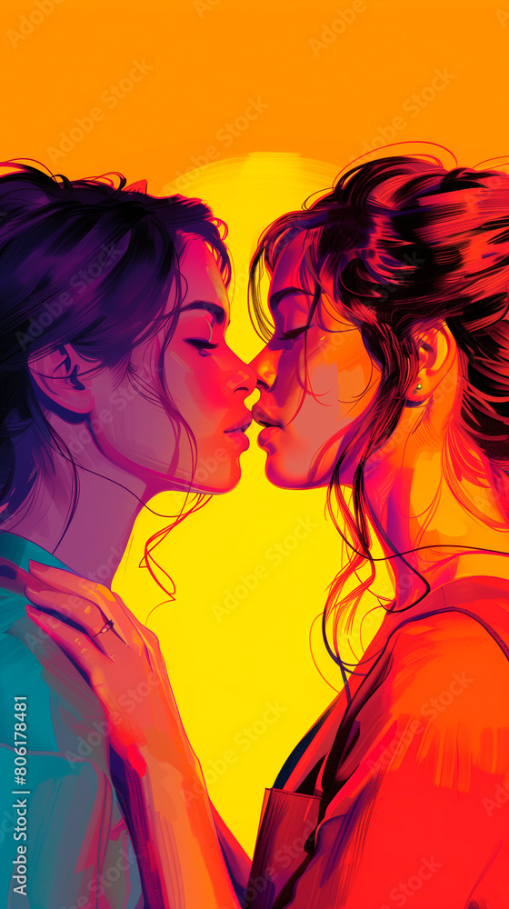 Vibrant Pop Art Illustration of an Embracing lesbian Couple Celebrating LGBTQ+ Gender Diversity