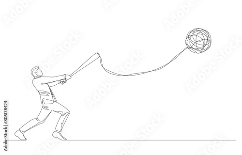 Continuous one line drawing of businessman hitting ball of messy line further away, coping with stress at work, eliminating anxiety in business problem concept, single line art.