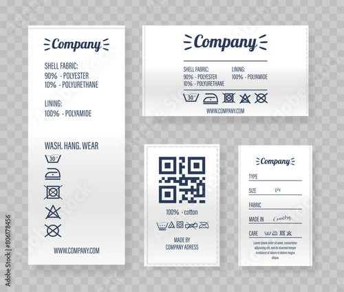 Four Detailed Clothing Labels Featuring Fabric Composition, Care Symbols And Company Branding. Ideal For Presentations